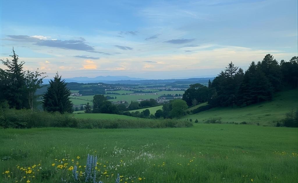 Wide green meadow with wildflowers, rolling hills, and clusters of trees under a soft blue sky at sunset, overlooking a distant valley and mountains.