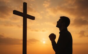 “Silhouette of a peaceful person standing outdoors at sunset beside a wooden cross, symbolizing faith in God, trust, hope, and spiritual peace.