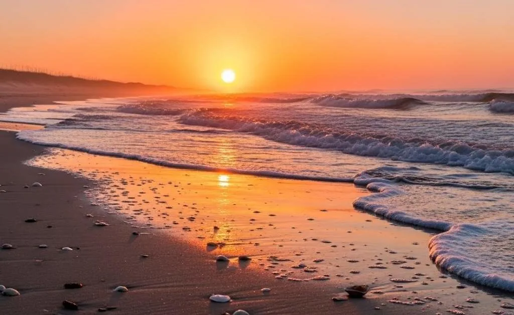 Sunset over a calm beach as gentle waves glow with warm orange light, creating a peaceful, hope-filled scene.