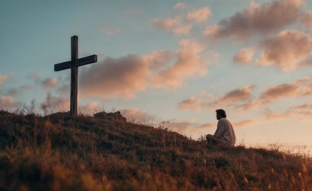 A man sits in quiet prayer on a grassy hillside at sunset, facing a simple wooden cross. The soft orange and pink hues of the evening sky create a serene, spiritual atmosphere, emphasizing a moment of deep reflection, faith, and peace in nature.
