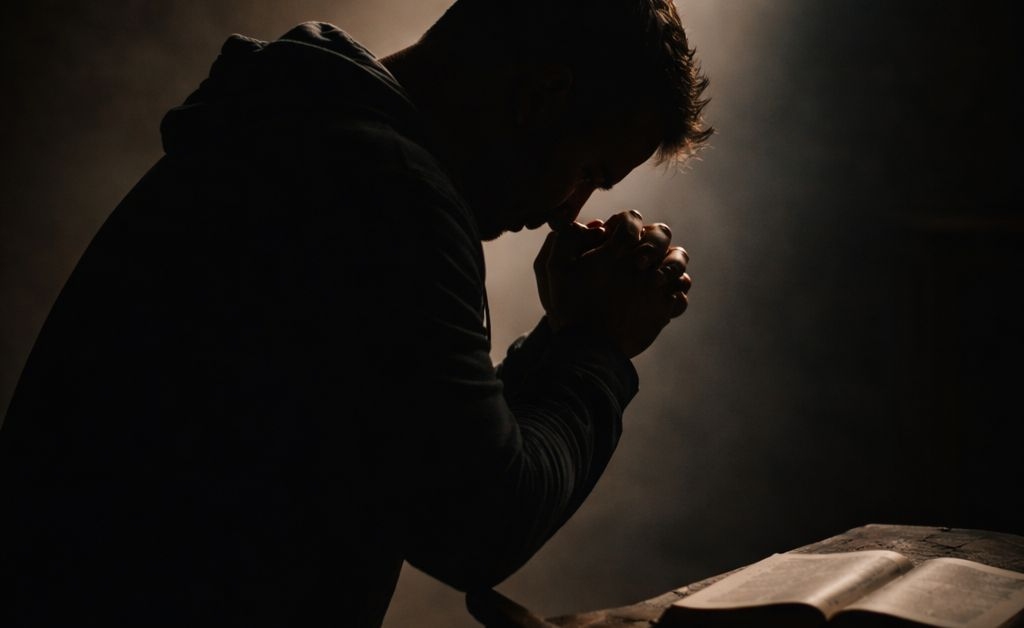 A silhouette of a man praying over a Bible, reflecting the blog's themes of seeking freedom from the crushing weight of shame through spiritual conviction.