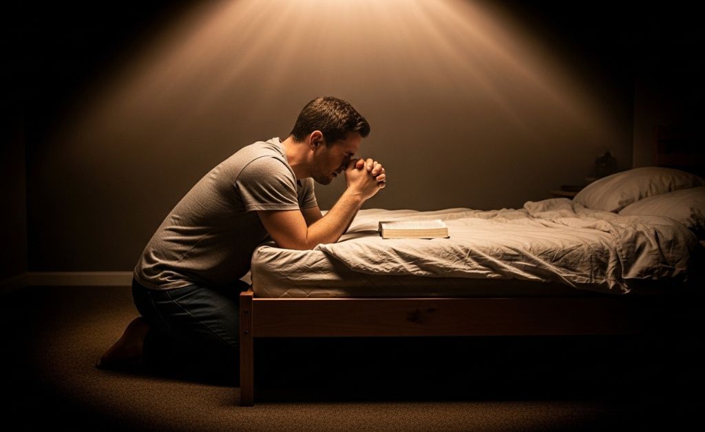 A man in a gray t-shirt and dark pants kneels on a carpeted floor beside a wooden bed, his hands clasped in prayer. An open book, resembling a Bible, rests on the white bedsheets in front of him. A dramatic, soft light shines down from above, illuminating him and the bed while leaving the rest of the bedroom in deep shadow.