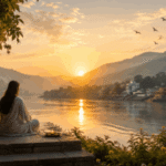 Peaceful morning sunrise over a calm river surrounded by mountains, with a woman sitting in quiet reflection on stone steps beside the water. Golden sunlight illuminates the landscape, while birds fly overhead and lush greenery frames the scene, creating a serene, spiritual atmosphere of peace, nature, and contemplation.