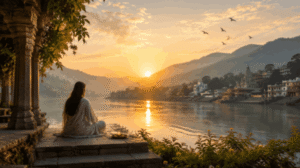 Peaceful morning sunrise over a calm river surrounded by mountains, with a woman sitting in quiet reflection on stone steps beside the water. Golden sunlight illuminates the landscape, while birds fly overhead and lush greenery frames the scene, creating a serene, spiritual atmosphere of peace, nature, and contemplation.