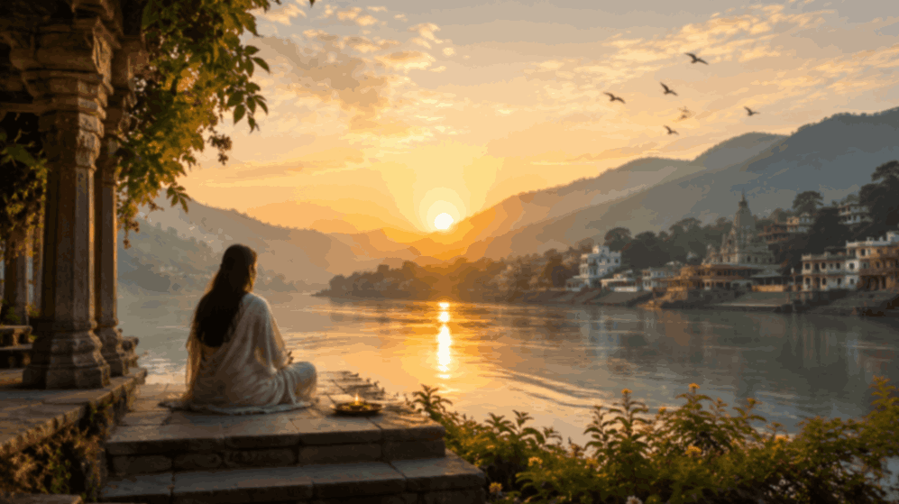 Peaceful morning sunrise over a calm river surrounded by mountains, with a woman sitting in quiet reflection on stone steps beside the water. Golden sunlight illuminates the landscape, while birds fly overhead and lush greenery frames the scene, creating a serene, spiritual atmosphere of peace, nature, and contemplation.