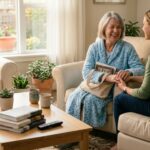 A joyful senior woman in a blue robe sits holding hands with a visiting woman. They are in a sunlit living room with a coffee table, books, and potted plants visible in the background.