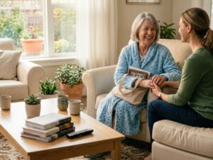 A joyful senior woman in a blue robe sits holding hands with a visiting woman. They are in a sunlit living room with a coffee table, books, and potted plants visible in the background.