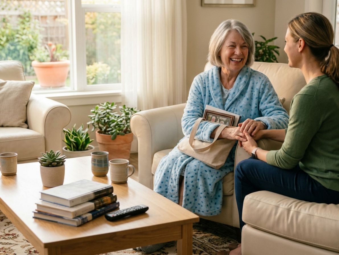 A joyful senior woman in a blue robe sits holding hands with a visiting woman. They are in a sunlit living room with a coffee table, books, and potted plants visible in the background.