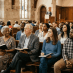 A vibrant photograph capturing a diverse group of four individuals seated together on a wooden pew during a warm, well-lit church service, reflecting a sense of community and engagement within a traditional church setting.