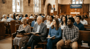 A vibrant photograph capturing a diverse group of four individuals seated together on a wooden pew during a warm, well-lit church service, reflecting a sense of community and engagement within a traditional church setting.