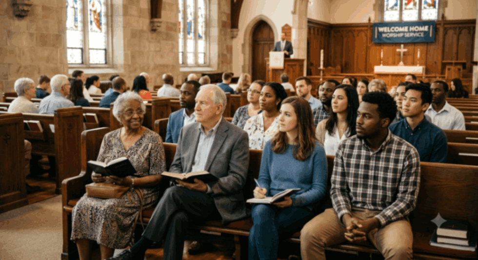 A vibrant photograph capturing a diverse group of four individuals seated together on a wooden pew during a warm, well-lit church service, reflecting a sense of community and engagement within a traditional church setting.