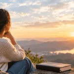 A woman sits quietly beside a Bible, reflecting as she watches the golden sunset over a peaceful mountain valley.
