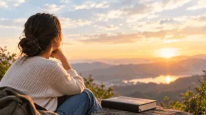 A woman sits quietly beside a Bible, reflecting as she watches the golden sunset over a peaceful mountain valley.